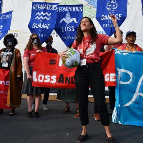 Teresa Anderson, COP27 protest  CAPTION, FULL DESCRIPTION AND QUOTES ActionAid staff and activist protest at COP27 campaigning for a loss and damage funding facility.